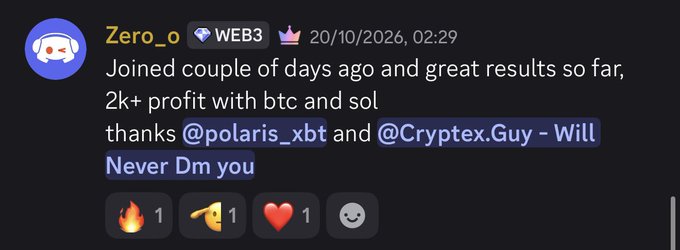 A Discord-style post by “Zero_o” with a WEB3 badge says they joined a couple of days ago and made “2k+ profit with btc and sol,” crediting “@polaris_xbt” and “@Cryptex.Guy.” The image supports the accompanying claim of a new member earning $2,000+ in a few days through VIP $BTC and $SOL setups.