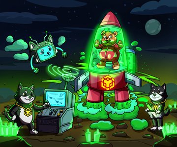 A cartoon illustration featuring various dog characters in a space/alien theme, including a dog in a rocket ship and a dog operating a machine emitting green light.