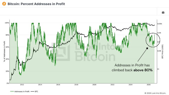 A chart titled 'Bitcoin: Percent Addresses in Profit' from Look Into Bitcoin showing the green 'Addresses in Profit' line has climbed back above 80%, with an annotation pointing to the recent recovery near the $10k BTC price level.