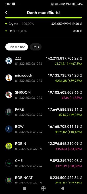 A Vietnamese cryptocurrency portfolio app ("Danh mục đầu tư") shows investments in Crypto (100%) and DeFi (0.00đ), listing tokens like ZZZ (142.21B đ, +47.3%), microduck (19.13B đ, +39.76%), SHROOM (19.10B đ, -1.53%), PARE (17.64B đ, +9.05%), BOW (16.16B đ, +10.43%), ROBIN (12.29B đ, -33.88%), CME (9.89B đ, -28.06%), and ROBINCAT.