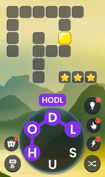 A mobile word puzzle game screen showing the word 'HODL' with letters H, O, D, L being connected in a circle, above a word jumble puzzle with stars indicating progress.