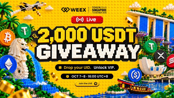 A promotional banner for a WEEX Token 2049 Singapore event advertising a '$2,000 USDT GIVEAWAY' with the prompt to 'Drop your UID. Unlock VIP', running OCT 7-8 at 16:00 UTC+8.