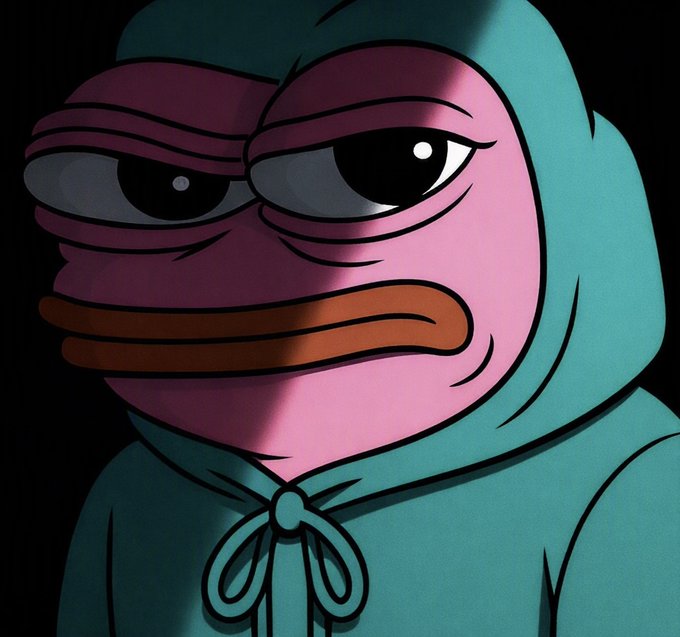 A close-up cartoon illustration of a pink duck-like character with half-closed, weary eyes, set against a dark background with dramatic lighting casting shadows across its face. The character wears a teal hooded cloak tied with a small bow at the neck.