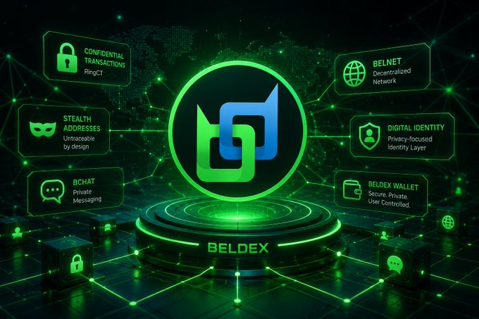 This image showcases the Beldex ecosystem, highlighting features like Confidential Transactions, Stealth Addresses, BChat, BelNet decentralized network, Digital Identity, and Beldex Wallet. The visual represents the various privacy-focused services offered by Beldex, aligning with the post's discussion of network resilience and user tools for verification after a reconciliation event.