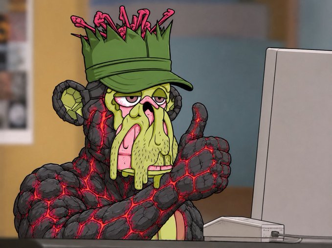 A cartoon illustration of a grotesque creature with a cracked lava-textured body, wearing a green cap with pink protrusions, giving a thumbs-up while sitting at a computer.