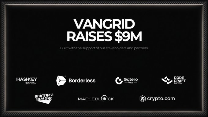 A black and white announcement slide stating 'VANGRID RAISES $9M', displaying logos of supporters including HashKey Capital, Borderless, Gate.io Labs, Code Craft, Animoca Brands, MapleBlock, and crypto.com.
