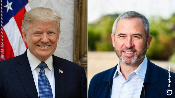 The image shows former President Donald Trump on the left and Brad Garlinghouse, CEO of Ripple, on the right, suggesting their potential involvement in a White House meeting concerning cryptocurrency policy.
