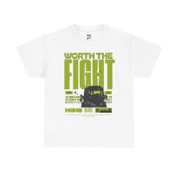 A white t-shirt design featuring a black ninja character with green text reading "WORTH THE FIGHT" and "NINJA KIDZ" branding.