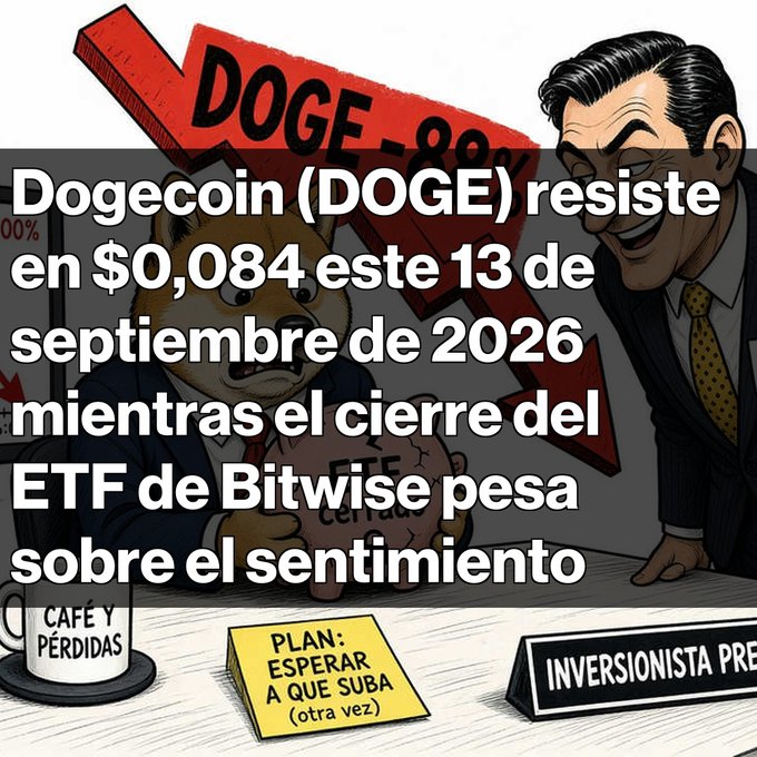A cartoon illustration showing a dog character in a suit sitting at a desk with a 'DOGE -80%' arrow overhead and a man leaning in from the right, with overlaid Spanish text about Dogecoin (DOGE) at $0.084 and the closure of Bitwise's ETF on September 13, 2026.