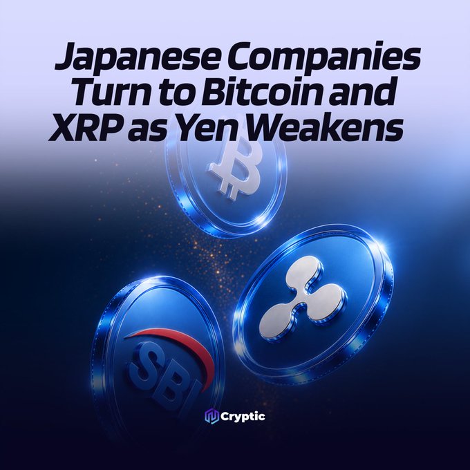 The image features a promotional graphic with the headline "Japanese Companies Turn to Bitcoin and XRP as Yen Weakens," alongside 3D-rendered coins displaying the Bitcoin (₿) and XRP logos, plus an SBI coin, corresponding with the news about SBI VC reaching 2 million registered accounts amid growing Japanese corporate crypto adoption.