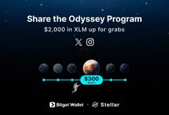 A screenshot of an advertisement for a program called "Share The Odyssey Program". The main focus is a video showing various planets under the moonlit night sky with stars. The text below reads, "share the Odyssey Program" and includes information about paying $2,000 in XLM up for grabs or participating in an XPLM challenge for a chance to win $300 per round of 10 people still sleeping on this @BitgetWallet x @StellarOrg dropped something real → $300 every week. the bar to enter is so low it's almost embarrassing just follow both accounts, share the Odyssey Program on X or Instagram".