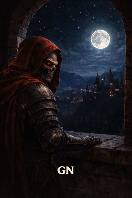 A skeletal warrior in a red hooded cloak with glowing red eyes gazes from a stone balcony at a moonlit castle, with 'GN' text at the bottom.