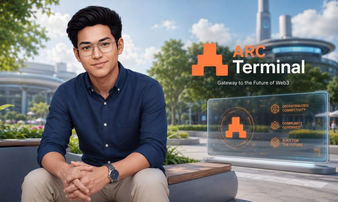 An illustration of a man with glasses sitting on a bench outdoors, with 'ARC Terminal - Gateway to the Future of Web3' displayed on a futuristic transparent screen beside him.