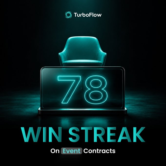 Promotional graphic for 'TurboFlow' featuring a glowing teal digital display showing '78 WIN STREAK On Event Contracts' with a chair above the display.