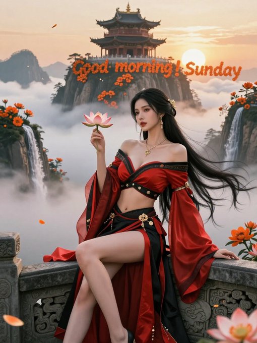 An anime-style illustration of a woman in a red traditional dress holding a pink lotus flower, with the text 'Good morning Sunday' displayed against a mountainous temple landscape.