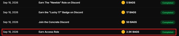 A list of completed tasks dated Sep 18, 2026, including earning Discord roles and joining the Concrete Discord, with the final task "Earn Access Role" for 2.5K BAGS highlighted by a red box.