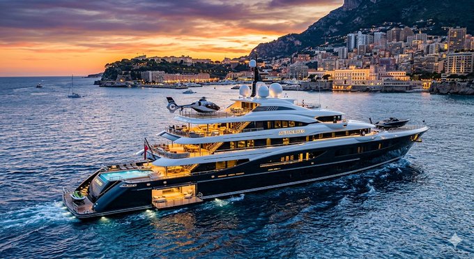 The image features a large yacht sailing through the ocean at sunset with a city skyline in the background. The sky has beautiful hues of orange and pink, creating a stunning backdrop for the scene. The yacht appears to be a luxury cruise ship or a private yacht, possibly used by a rich person who enjoys traveling on their own terms.