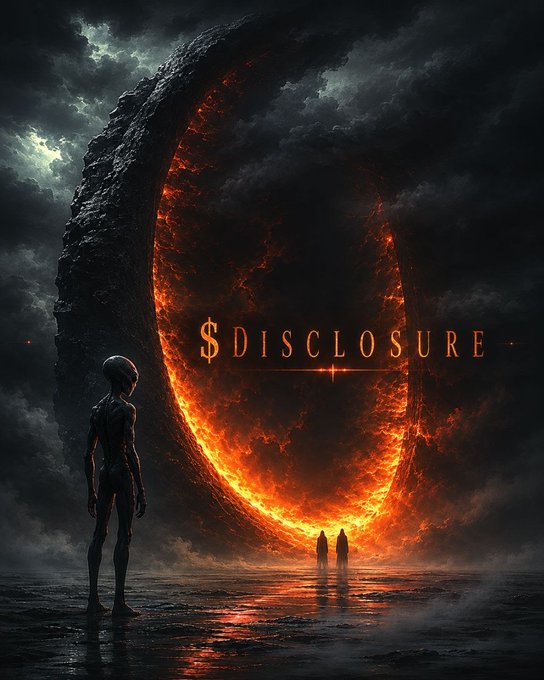 The image features a large, glowing fire circle with three people standing near it. The caption reads "This is not science fiction. This is the moment everything changes. $DISCLOSURE is not coming. It's already here. dexscreener.com/solana/97j7ju8". The post seems to be promoting a product or service related to the fire circle, possibly involving money or some sort of transaction.