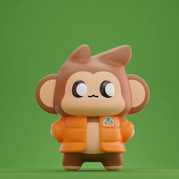 A cute 3D-rendered monkey character wearing an orange jacket with a paw logo, set against a green background.