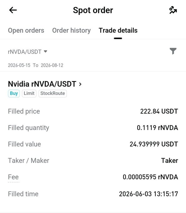A mobile screenshot of a spot order trade details screen for rNVDA/USDT, showing a buy limit order filled at 222.84 USDT for 0.1119 rNVDA via StockRoute on 2026-06-03.