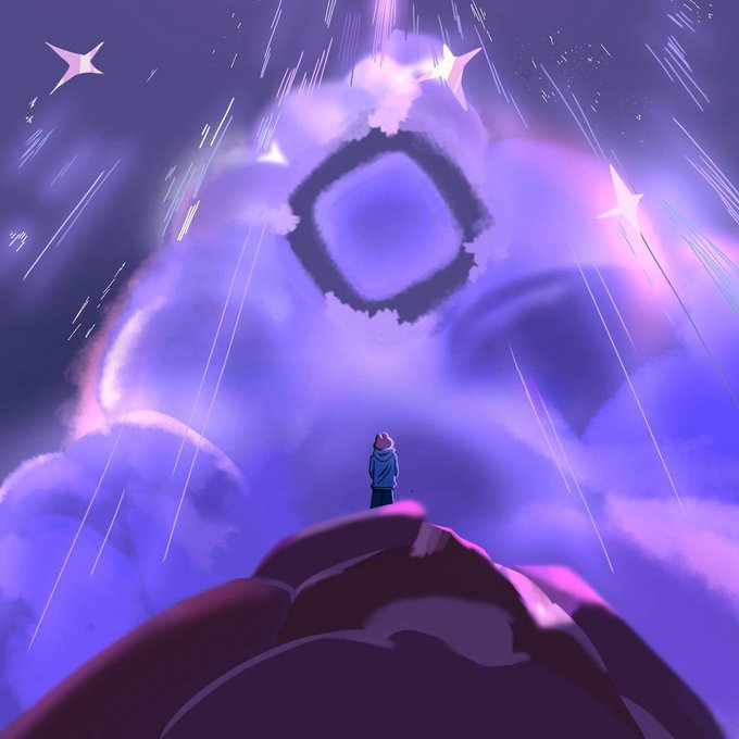 An anime-style illustration of a small figure with light hair standing on a rocky peak, looking up at a massive, ethereal purple and pink figure in the sky amidst falling stars.