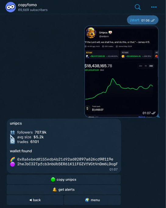 A Telegram bot interface for "copyfomo" displays a trader's profile (@unipcs) showing 707.9k followers, 6,101 trades, and a $5.2K average trade size, alongside a screenshot of the trader's wallet valued at $18,438,165.78. The bot has identified both the EVM wallet (0x0a6ebed0155edb4b21d92ad02897a626cd90119e) and Solana wallet (2heJbC32Tp1cb3hbUb5ER6jK11FG2VfVGtVnDm6LDoqF), offering users a one-click "copy unipcs" button to automatically replicate the trader's moves that generated +$12.1M in 30 days.