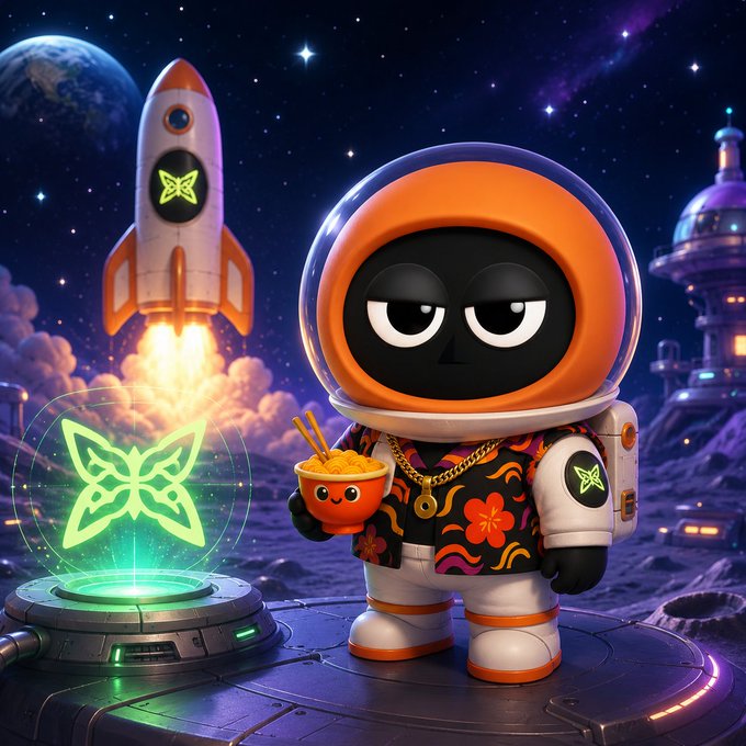 The image features a cartoon character dressed as an astronaut standing next to a rocket ship. The character has a bowl of food with chopsticks in their hand. The background shows a planet and stars, creating a space-themed atmosphere. The caption provided explains that Quip is interested in infrastructure only when it can solve real problems or provide useful computing services.