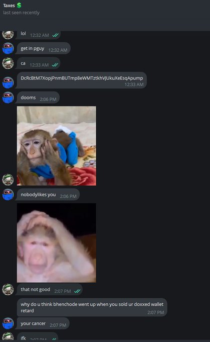 A Discord chat screenshot showing a conversation in a "Taxes" channel where users discuss a crypto rug pull, including a contract address (DcRcBtM7XopiPnmBUTmp8eWMTztKhVJKuXeEsqApump), memes of monkeys reacting to being scammed, and one user blaming the rugger "bhenchode" for warning them before selling their wallet retarding their investment.