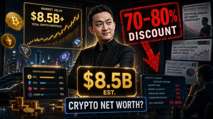A promotional graphic about a crypto billionaire's estimated $8.5B net worth, featuring a 70-80% discount on their portfolio with a breakdown showing BTC (55%), ETH (20%), TRX (15%), and OTHERS (10%).
