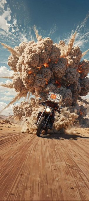 The image features a motorcycle rider wearing an orange helmet, riding down a dirt road with a large explosion behind them. The explosion appears to be a cloud of dust or debris, possibly caused by a firework or some other source. The scene suggests that there might have been an accident or a mishap involving the explosion, and the rider is trying to navigate through it while continuing their journey on the motorcycle.