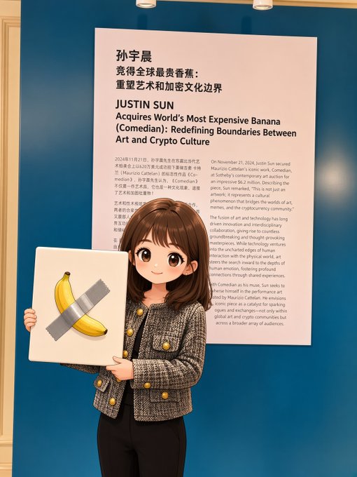 An anime-style illustration of a young woman holding a canvas with a banana taped to it, standing before a poster titled 'JUSTIN SUN: Acquires World's Most Expensive Banana (Comedian): Redefining Boundaries Between Art and Crypto Culture.'