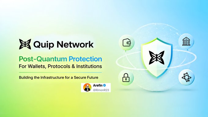 The image features a poster or banner that promotes Quantum computing and its potential impact on digital security. The text on the poster highlights the importance of preparing for the technology's widespread adoption, as it has the power to reshape digital security. The poster also mentions Quip Network, which is a company dedicated to developing post-quantum protection solutions for wallets, protocols, and institutions.