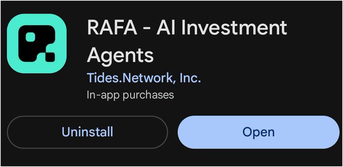 !"There's a cool app called @RAFA - AI Investment Agents that you can download" is written at the top of the image, with an "I" next to it indicating its creator or maker. The image also features a large "@RAFA_AI" logo which is likely related to the app being advertised in the post. The main focus of the advertisement is a screenshot of a sign for the app, showing various parts such as a square shape with the RAFA in a capitalized letter and a green color next to it. It appears that the app is for investing money or managing finances.