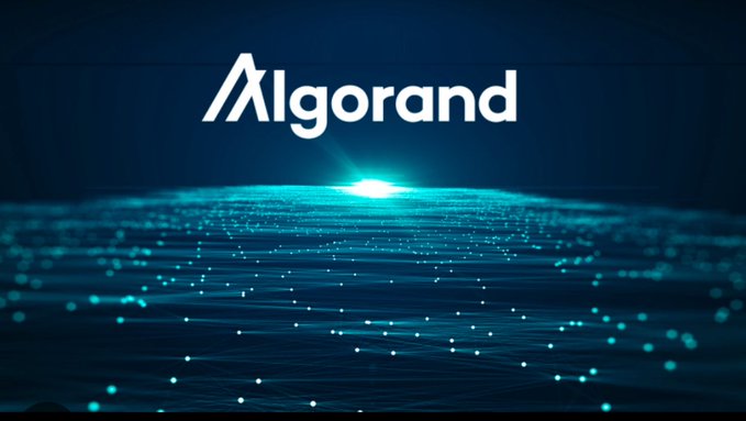 A promotional graphic for Algorand featuring its logo in white above a stylized blue digital wave with glowing particles.