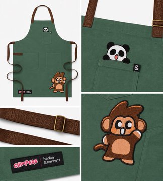 A green apron by hadley & bennett is displayed alongside close-ups, featuring a brown monkey patch and a panda peeking out of the pocket, with brown leather straps.