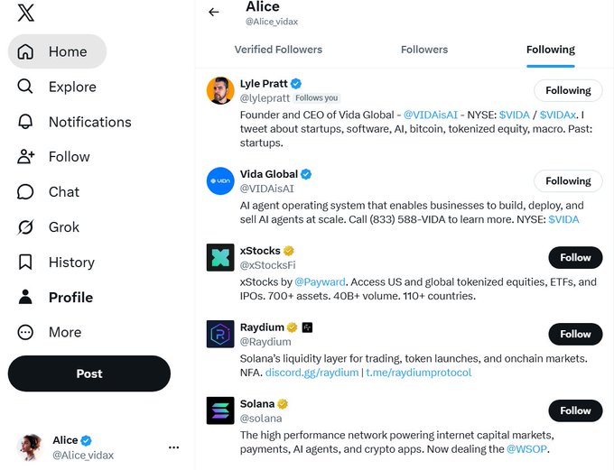 The image shows the "Following" list on Alice's (@Alice_yidax) X profile, featuring accounts such as Lyle Pratt (@lylepratt), Vida Global (@VIDAisAI), xStocks (@xStocksFi), Raydium (@Raydium), and Solana (@solana), with the latter three marked "Follow" and the first two marked "Following."

This relates to the post about being burned by speculative trading (RB and BSC likely referring to meme coins or token sectors), as the followed accounts reflect Alice's interest in crypto/AI narratives—including Vida Global's AI agent operating system, xStocks' tokenized equities, and Solana/Raydium's DeFi ecosystem—which aligns with her admission of chasing narratives rather than conducting deep research.