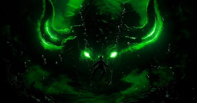 A dark fantasy artwork depicting a small figure facing a massive demonic entity with glowing green eyes and large curved horns, surrounded by green mist and dripping effects.