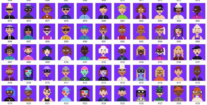 A grid displaying numerous pixel-art style character avatars with numbered IDs (8064-8129) against purple backdrops, featuring diverse hairstyles, accessories, and clothing.