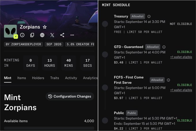 A screenshot displays the "Zorpians" NFT mint schedule, listing phases such as "Treasury," "GTD - Guaranteed," and "FCFS - First Come First Serve" with corresponding dates and prices.