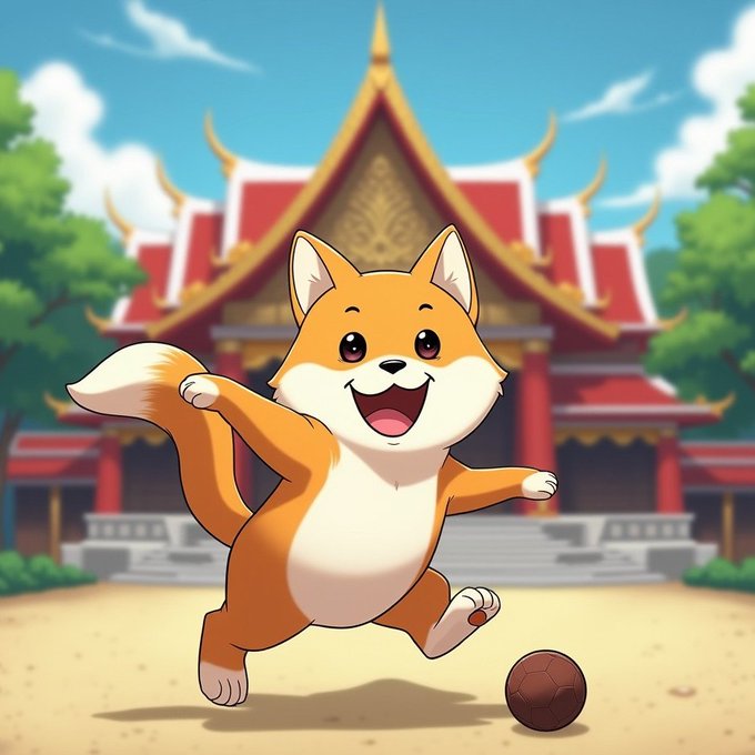 A cartoon illustration of a happy Shiba Inu dog playing with a ball on a sandy ground, with a traditional Thai-style temple in the background.