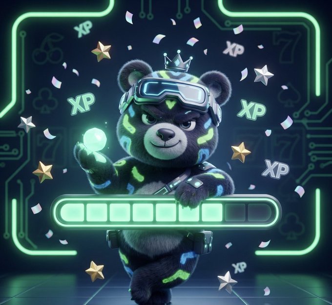 A digital illustration of a bear character wearing glowing VR goggles and a crown, holding an orb, set against a circuit board background with floating stars and 'XP' symbols.