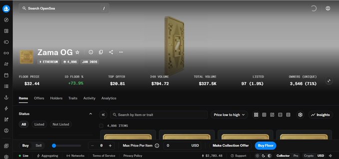 An OpenSea NFT marketplace listing page for 'Zama OG' on Ethereum, showing a floor price of $32.44 and 71% ownership.