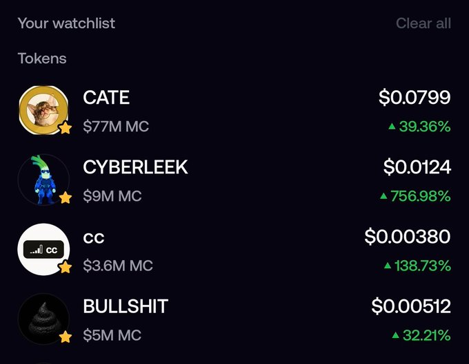 A watchlist displays four meme tokens with significant gains: CYBERLEEK leading at $0.0124 with a massive 756.98% increase on $9M market cap, followed by cc at $0.000380 (+138.73%), CATE at $0.0799 (+39.36%), and BULLSHIT at $0.00512 (+32.21%), aligning with the post's optimistic tone about memecoin pumps and chasing alpha gains on smaller market caps.
