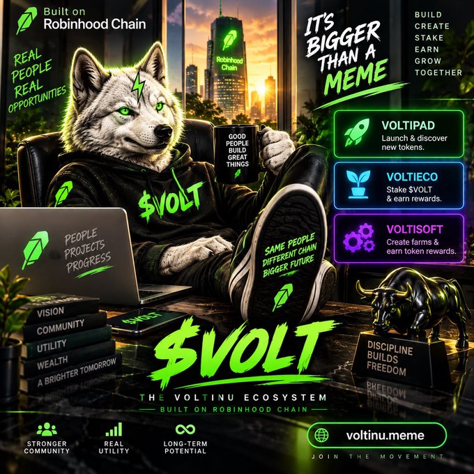 A promotional graphic for the $VOLT cryptocurrency project 'The Voltinu Ecosystem' built on Robinhood Chain, featuring a husky character wearing a $VOLT hoodie, with sections for VOLTIPAD, VOLTIECO, and VOLTISOFT.