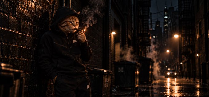 A surreal image of a cat dressed in a black Nike tracksuit smoking a cigar in a dark, rainy urban alleyway at night.