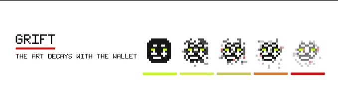 A graphic for 'GRIFT' displaying pixel-art skull faces progressively decomposing, with text reading 'THE ART DECAYS WITH THE WALLET' and a colored progress bar.
