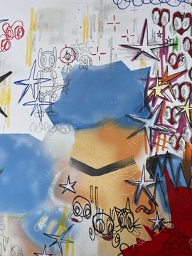 An abstract painting features chaotic graffiti-style marks, blue clouds, and numerous black stars on a textured background.