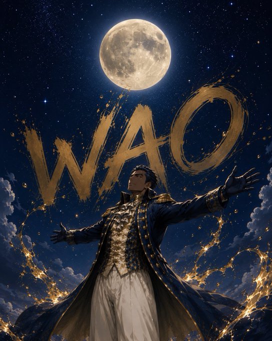 A dramatic fantasy artwork of a dark-haired figure in an ornate coat standing with arms outstretched beneath a full moon, with glowing golden 'WAO' text in the sky.