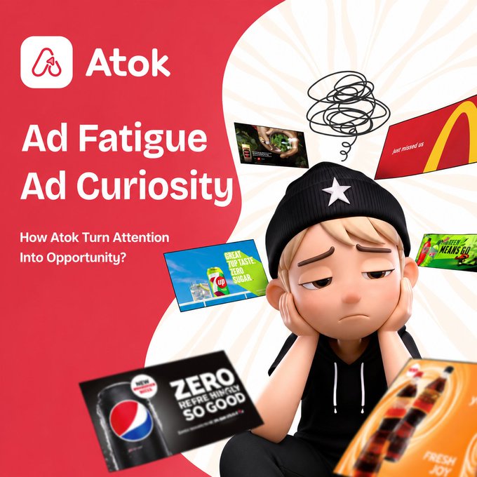 The image is a promotional graphic for Atok featuring the headline "Ad Fatigue Ad Curiosity" with the tagline "How Atok Turn Attention Into Opportunity?" It depicts a 3D-rendered cartoon character looking bored and overwhelmed while surrounded by floating ads from brands like McDonald's ("just messed up"), 7UP ("Great Pop Taste Zero Sugar"), Mountain Dew, and Pepsi Zero ("Refreshingly So Good"), with scribbles above his head symbolizing mental clutter—visually representing the ad fatigue the caption describes and how Atok's $ATOK rewards model transforms passive ad exposure into engaged user attention.