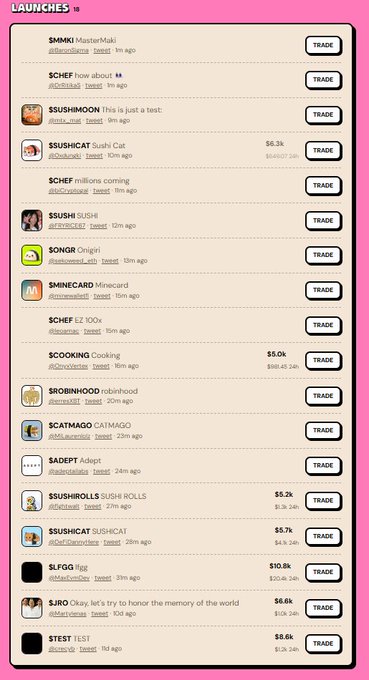 The screenshot displays the LAUNCHES feed on the Sushi platform, featuring a list of recently launched memecoins (such as $MMKI, $CHEF, $SUSHIMOON, $SUSHI, $SUSCA, $CAIMAGO, $SADEPT, $SLFGG, $JRO, and $TEST), with $CHEF prominently highlighted across multiple entries in support of the post's claim. The image reinforces the message by showcasing Sushi Chef's continued growth, with several $SUSHI-themed tokens visible alongside their corresponding market caps and trade buttons, illustrating the kitchen's expanding activity.